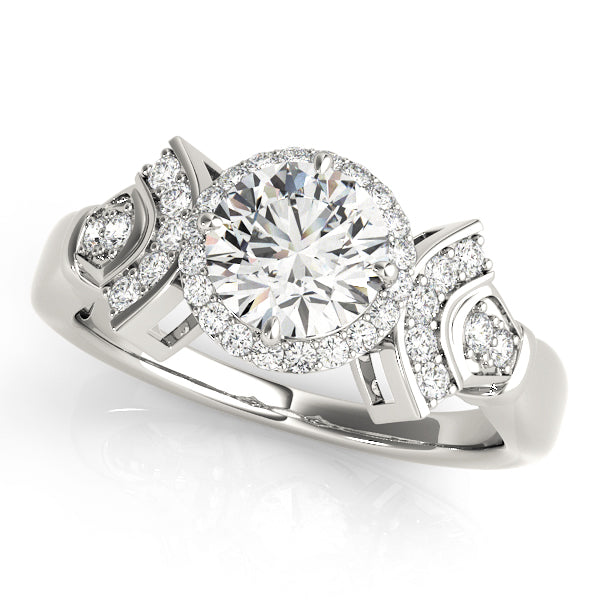 Front-angled view of a white gold royal cathedral ring
