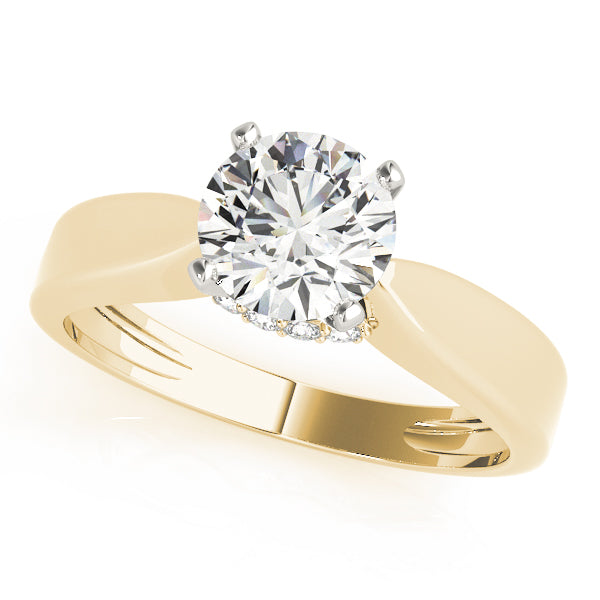 14k yellow gold round cut lab diamond cathedral solitaire ring.