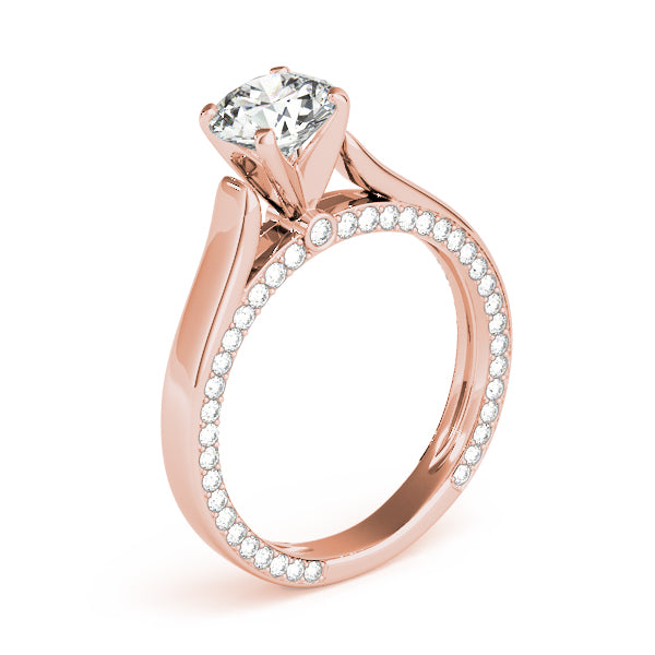 Profile shot of rose gold cathedral ring highlighting the under-rim surprise diamond design.