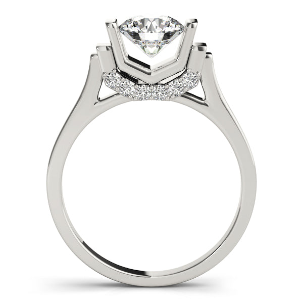 Detailed side view of 14k white gold geometric lab diamond ring structure.