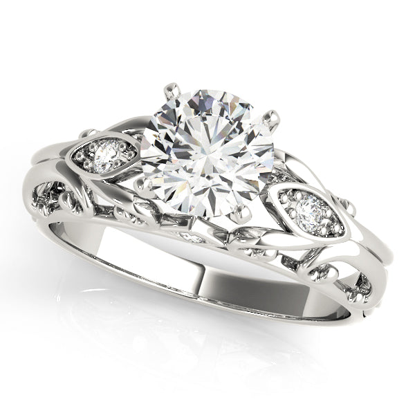 Front angle of 14k white gold filigree engagement ring with lab diamond