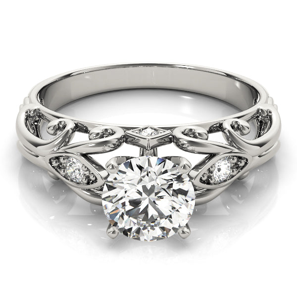 Direct top angle of 14k white gold antique style round lab diamond ring.