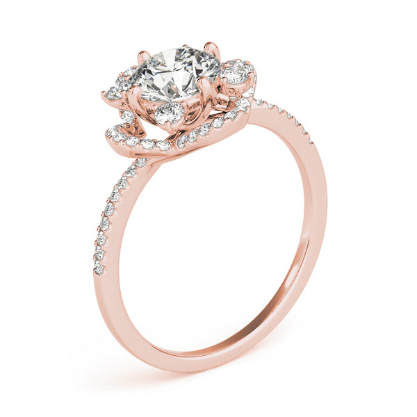 Tilted side view of a rose gold diamond engagement ring