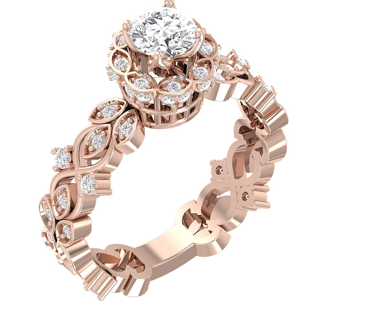The Uriel Leaf Designe Round Diamond 14K Gold Eternity Solitaire Anniversary Ring