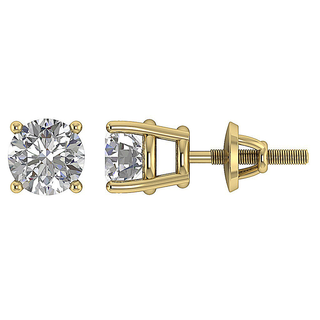 Yellow Gold Genuine Diamond Solitaire Studs Earring Screws Back