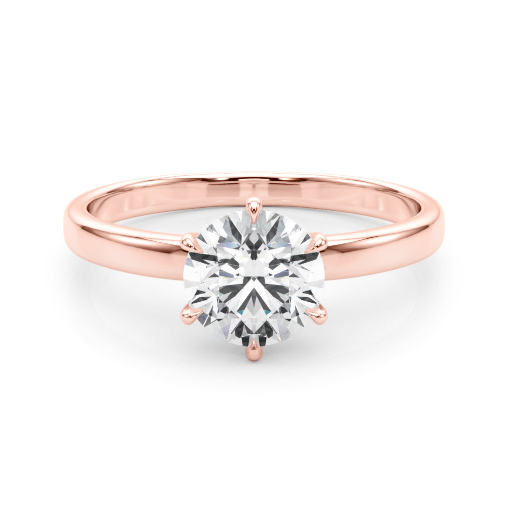 Front perspective of a stunning rose gold 6-prong lab diamond solitaire ring