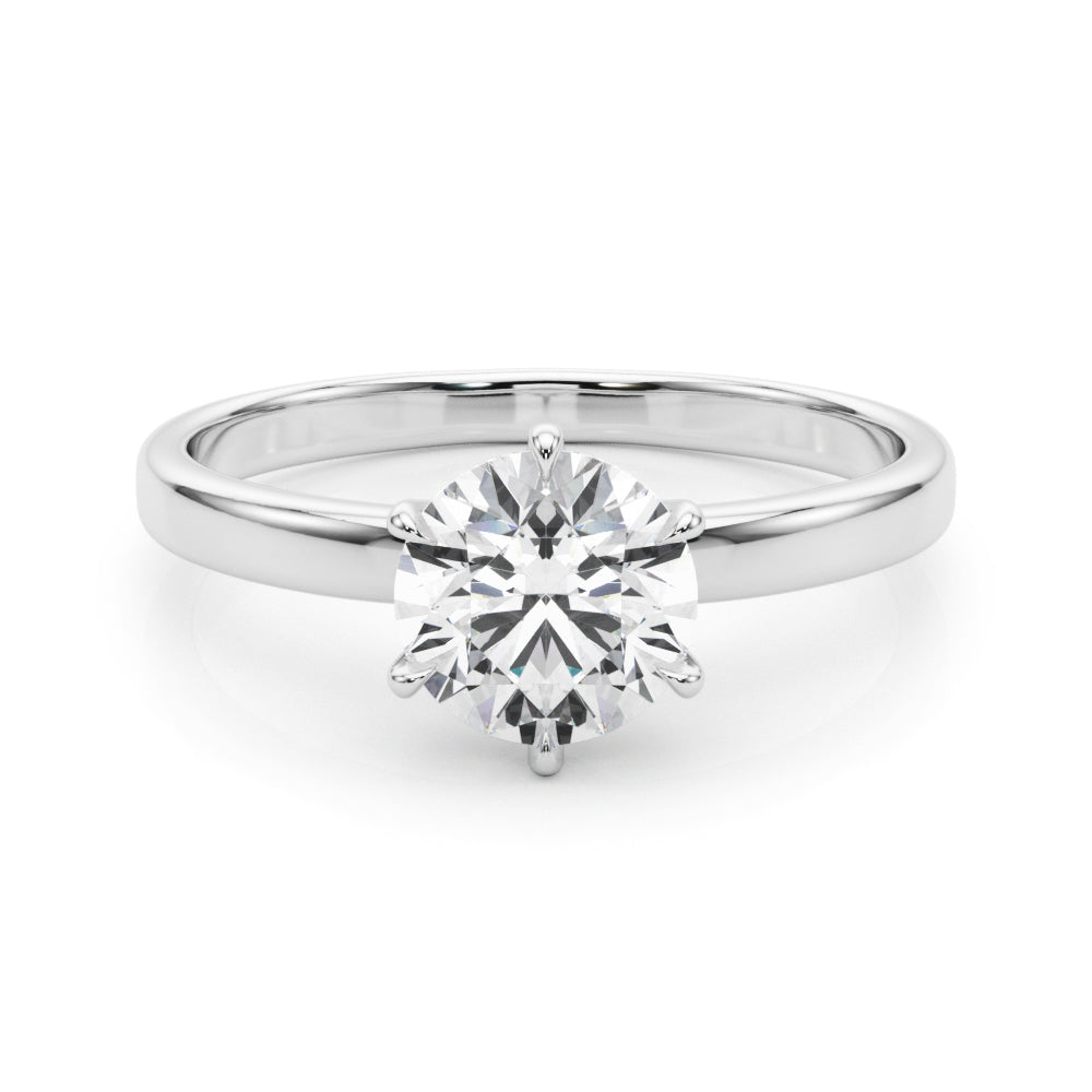Symmetric front view of a brilliant round lab diamond solitaire ring in white gold