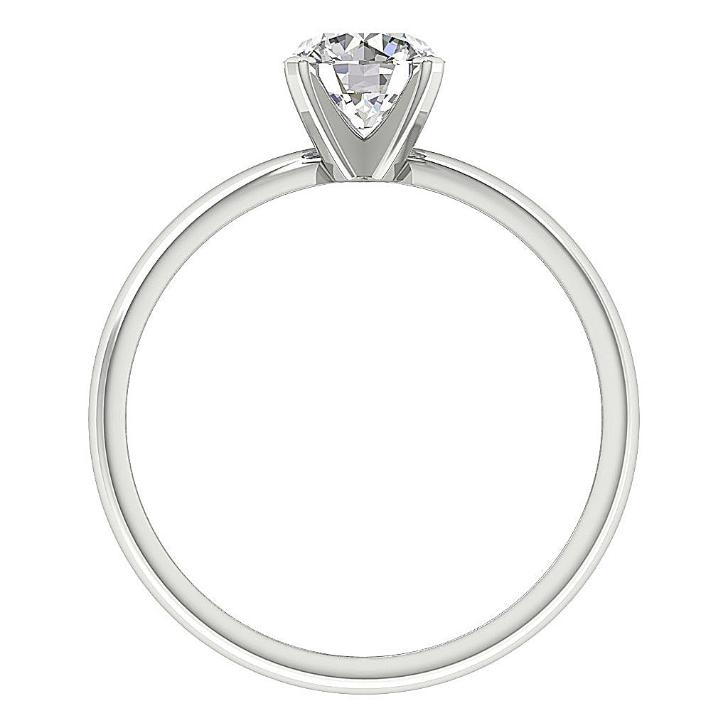 Perspective view of a round brilliant cut lab-grown diamond in a 4-prong mount.