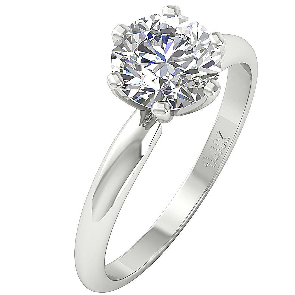 Perspective view of a white gold round cut solitaire ring.