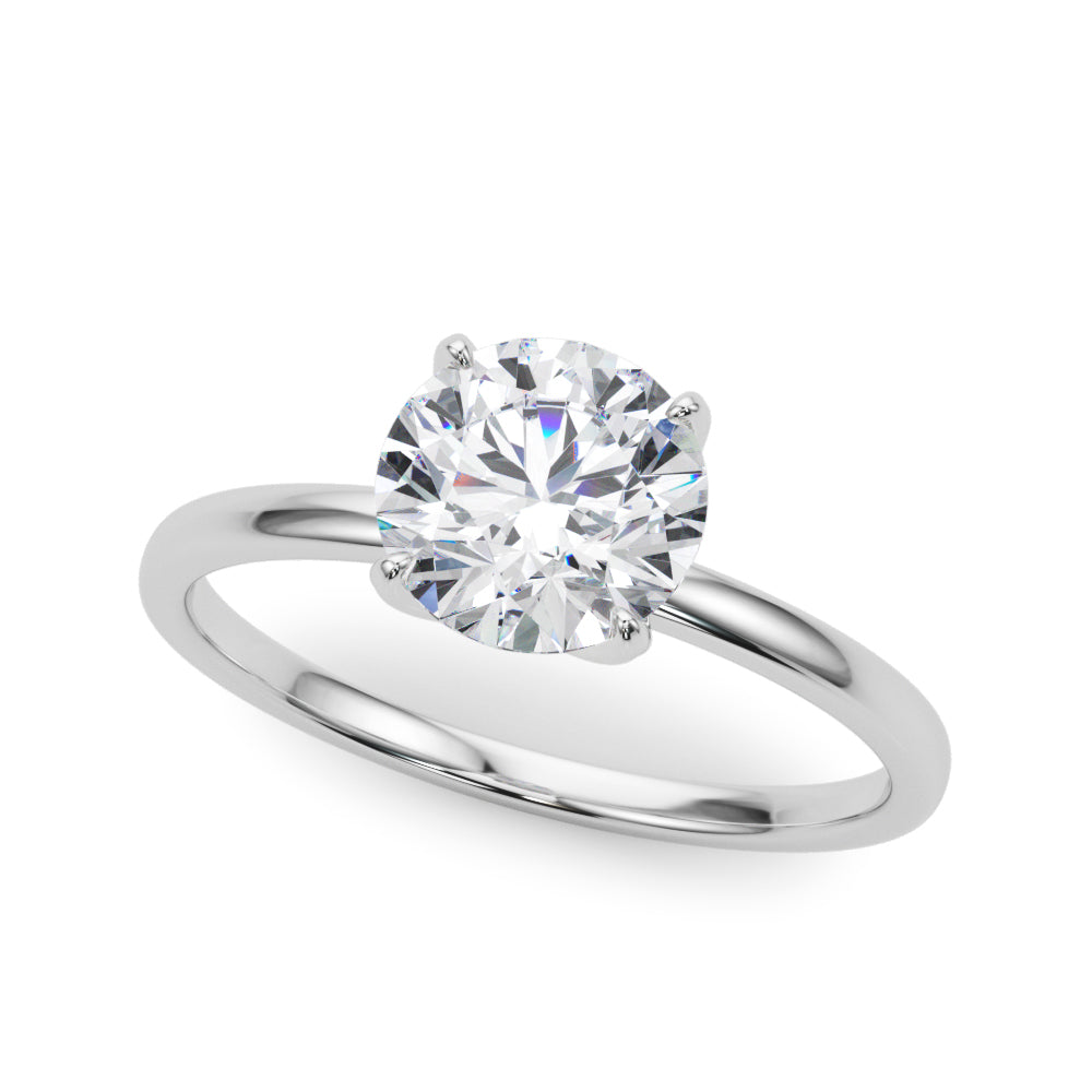 Front view of a round brilliant lab grown diamond classic solitaire ring in 14K white gold