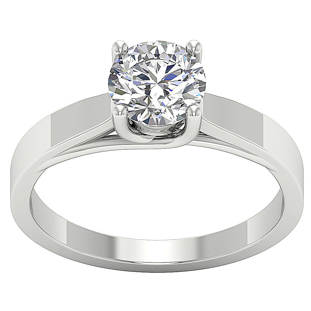 Overhead view of a brilliant-cut solitaire diamond in 4-prong grip