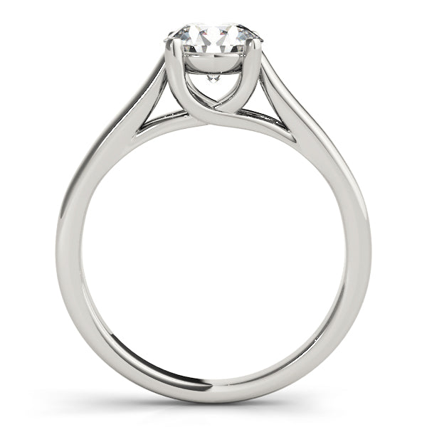 Side profile showing the artistic criss-cross infinity design underneath the center diamond in white gold.
