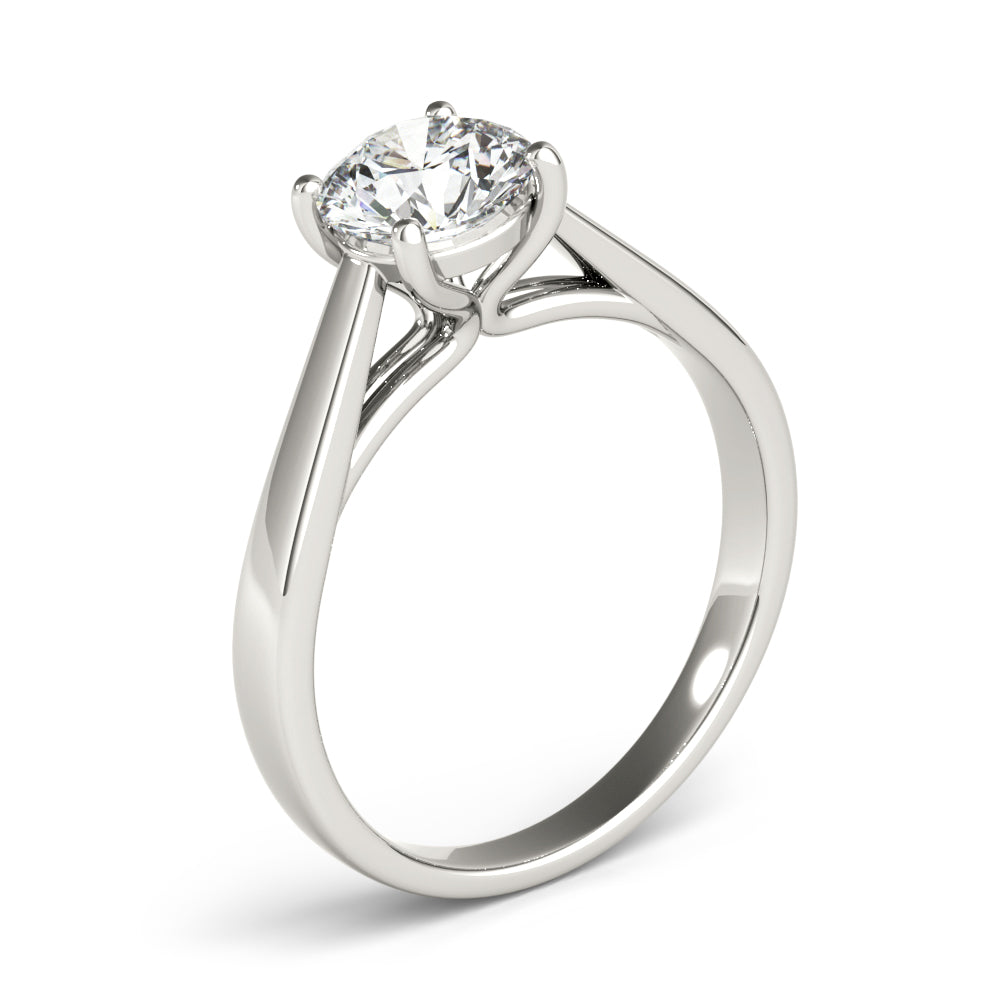 Side angle view of a lab grown diamond solitaire ring in 14K white gold.