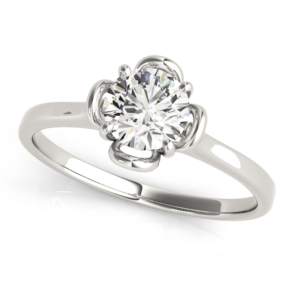 Top view of VS F lab grown diamond in a 14K white gold flower-inspired prong setting.