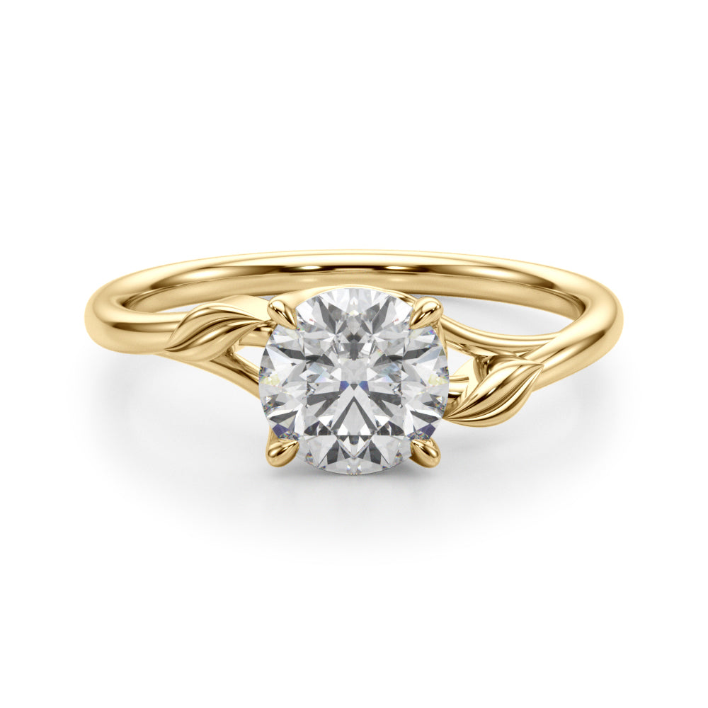 High-quality top-down shot of round lab diamond solitaire in 14K yellow gold.