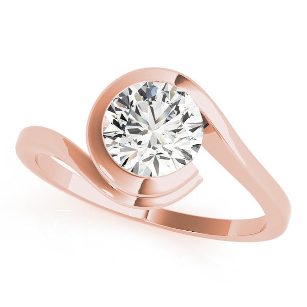 VS F lab grown diamond engagement ring in 14K rose gold bypass bezel style.