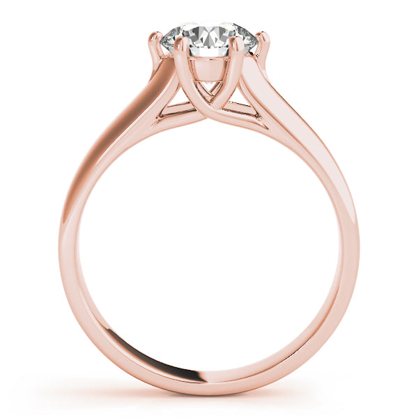 Side profile of the rose gold variation showing the elegant height and designer prongs that enhance the diamond's sparkle.