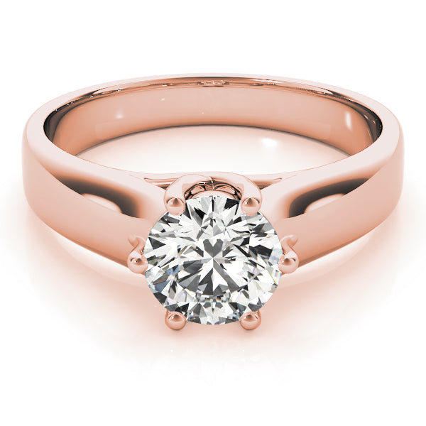 Top angle of a stunning round lab-grown diamond on a 14K rose gold band with a 6-prong crown.