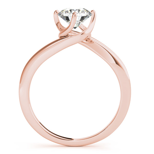 Detailed side view of rose gold bypass engagement ring setting with round diamond