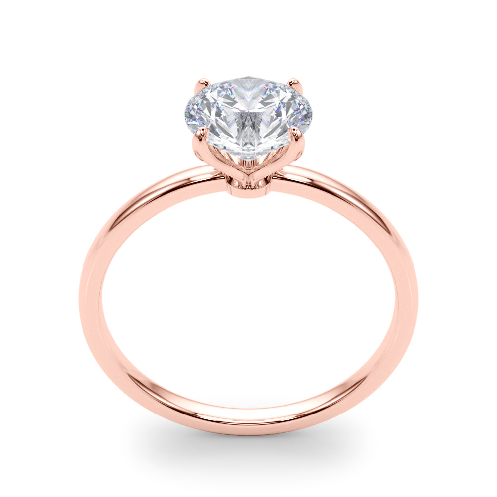 Side profile of a 14K rose gold classic solitaire engagement ring showing the secure 4-prong setting and diamond height.