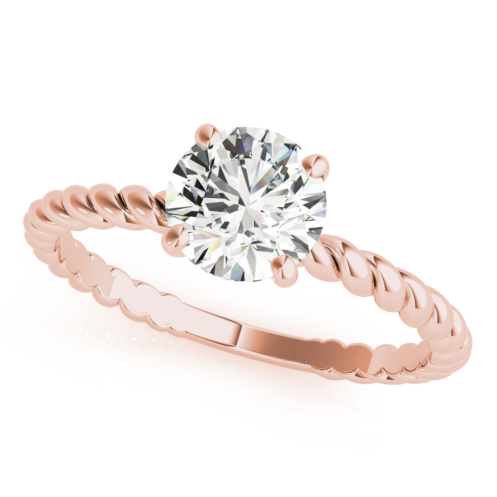 Angled view of round lab grown diamond set in a designer 14K rose gold mount.