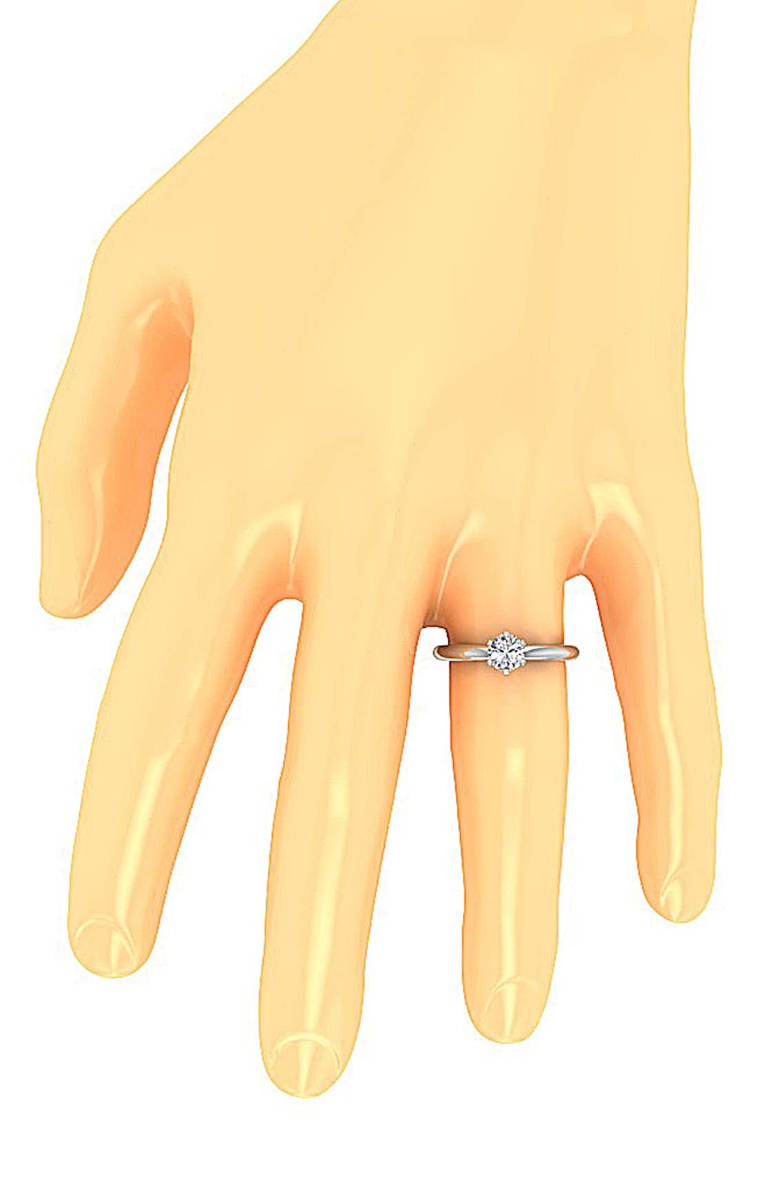 0.80Ct round diamond solitaire engagement ring shown on a finger for scale.