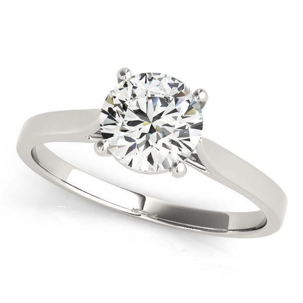 Top-down view of 14K white gold solitaire ring with round brilliant lab diamond.