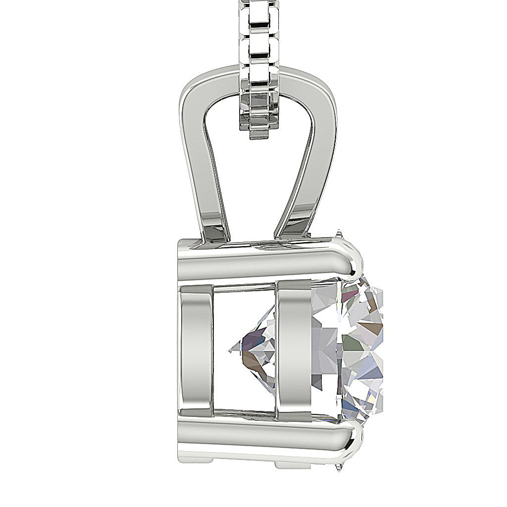 Perspective View of Large Carat Round Diamond Pendant in White Gold Box Chain.