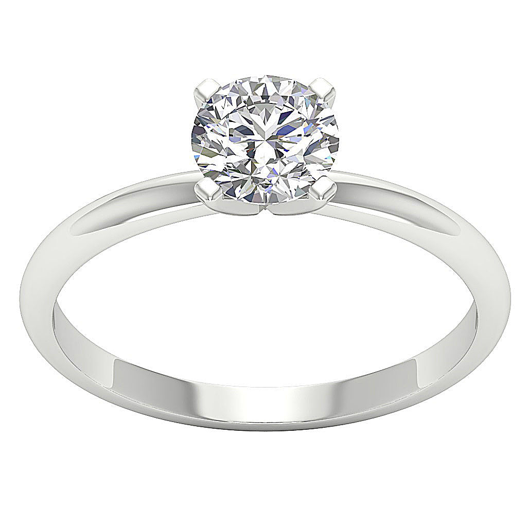 Front view of a 14K white gold 4-prong solitaire ring with VS-F lab diamond.