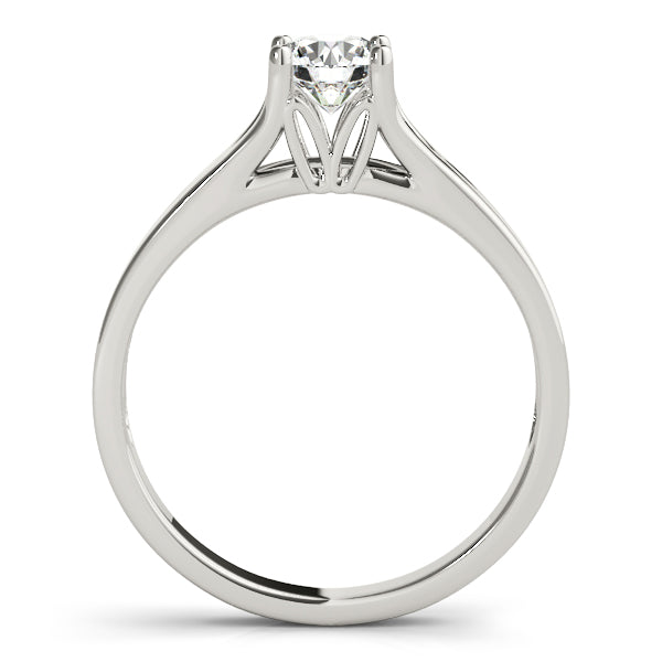 Vertical side view of the 14K white gold infinity style engagement ring.