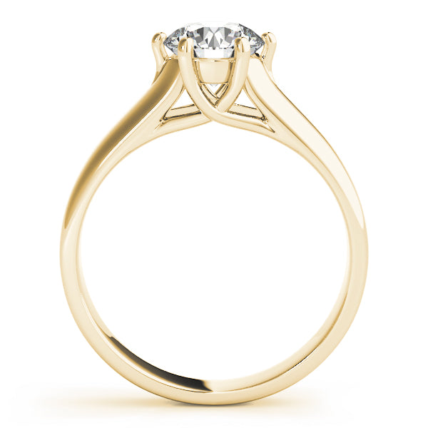 Detailed side view of the yellow gold ring highlighting the intricate handcrafted gallery under the 6-prong setting.