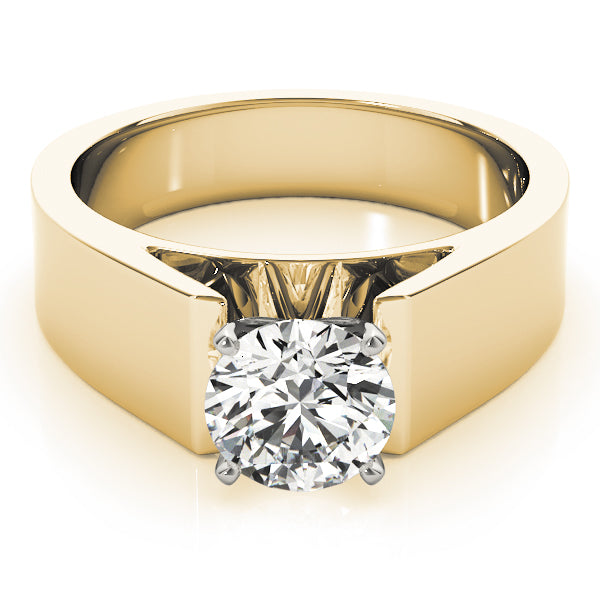 Solid 14K Yellow Gold solitaire ring with a thick, modern band and lab grown diamond.