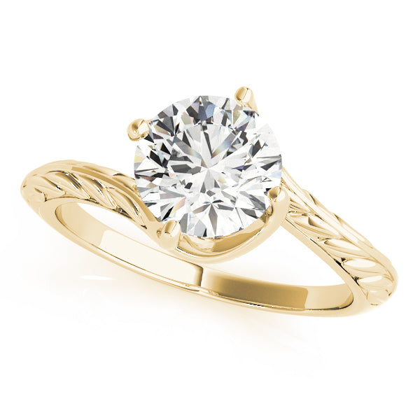 14K yellow gold bypass solitaire ring with unique flowing band design and round lab diamond.