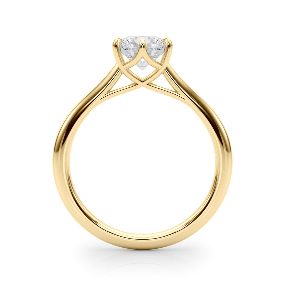 Detailed bridge and prong view of 14K yellow gold solitaire ring