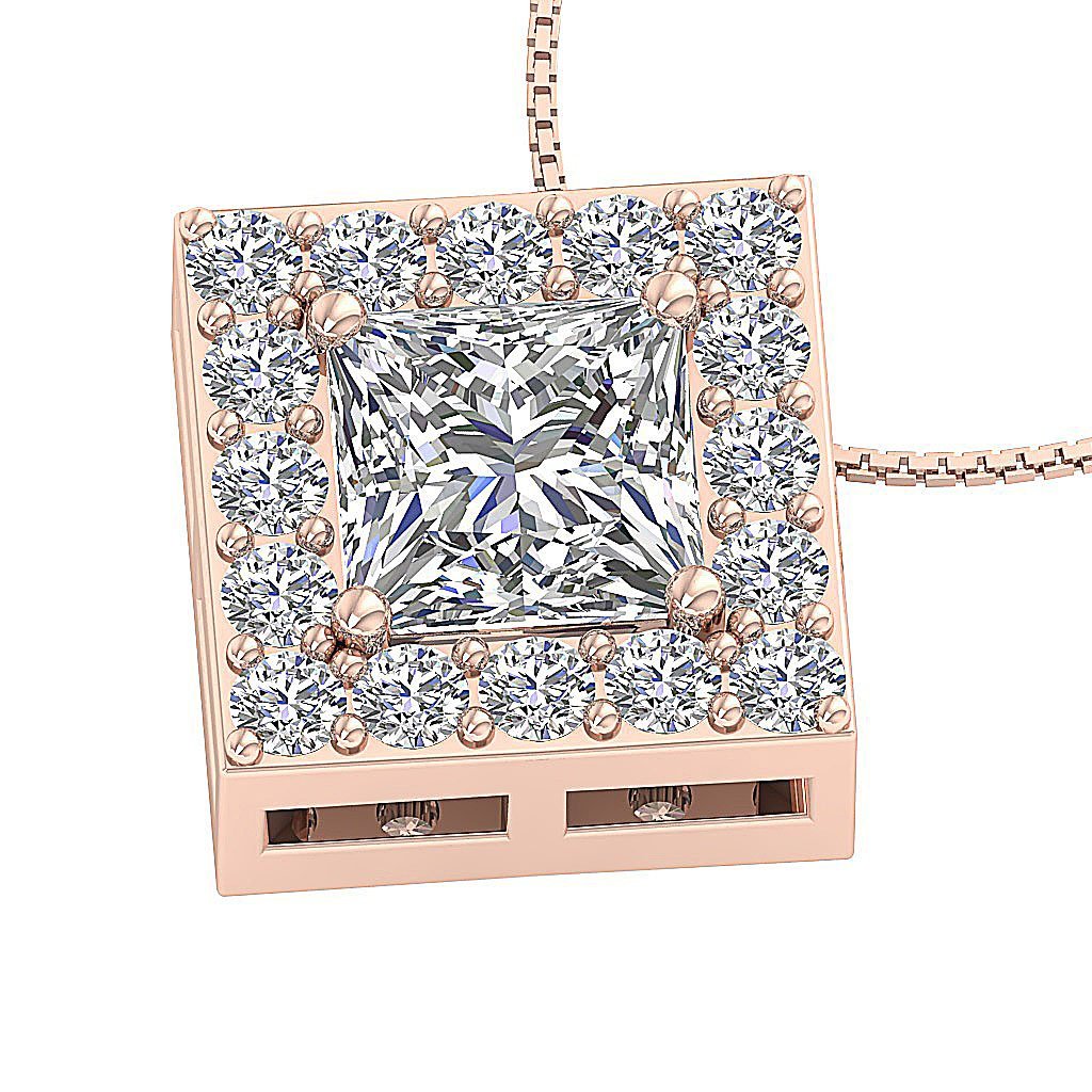 Square Halo Pendants 14k/18k Solid Gold SI1 G 0.75 Carat Princess Round Diamond
