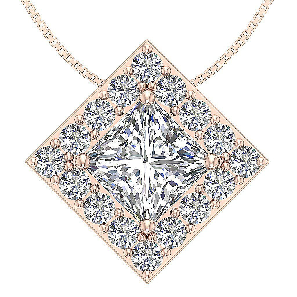 Square Halo Pendants 14k/18k Solid Gold SI1 G 0.75 Carat Princess Round Diamond
