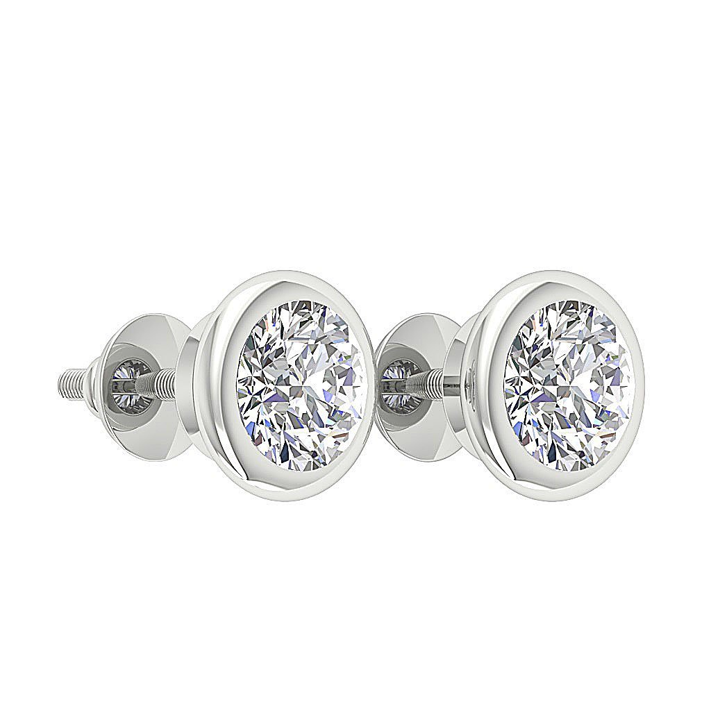 Natural Diamond Solitaire Studs Engagement Earrings I1 G 1.40 Ct 14k / 18k White Gold Bezel Set