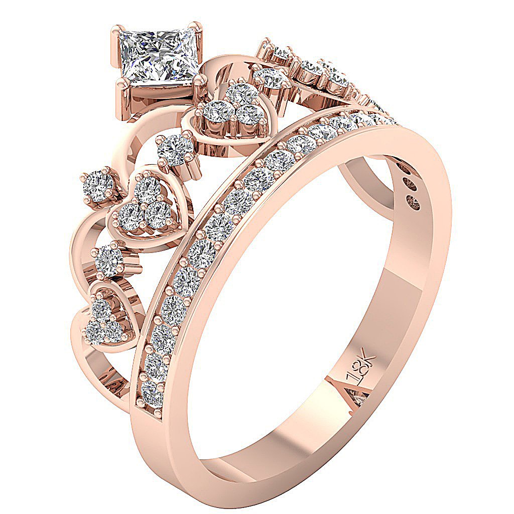 Princess Round Diamond Designer Crown Engagement Ring 14K Rose Gold I1 G 1.10 Ct Prong Set