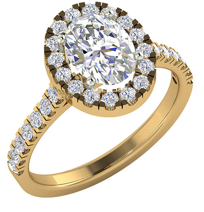 I1 G 2.10Ct Oval Round Diamond Solitaire Halo Engagement Ring 14K Solid Gold French Pave Set