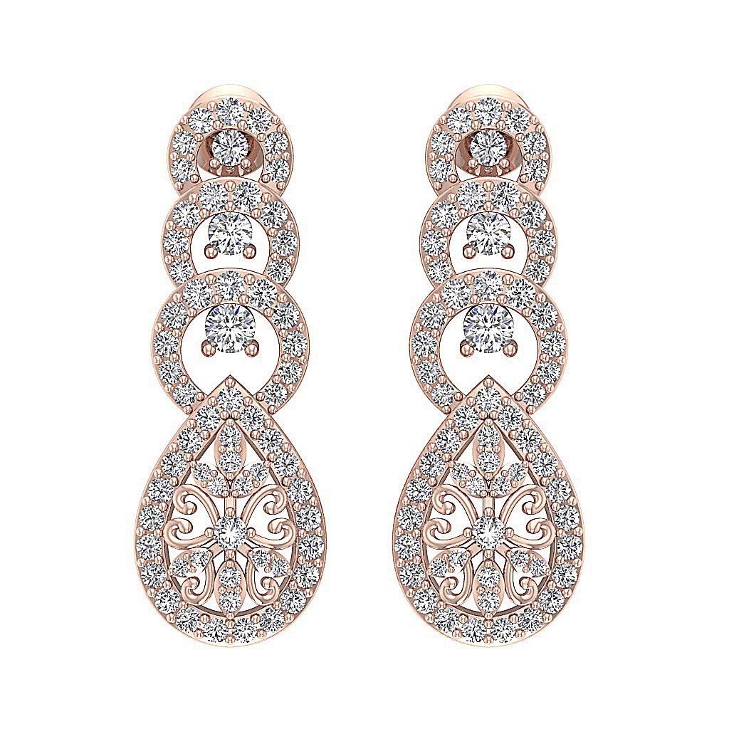 18k/14k Rose Gold Chandelier Anniversary Earrings VVS1/VS1/SI1/I1 1.60 Ct Round Diamond Prong Set