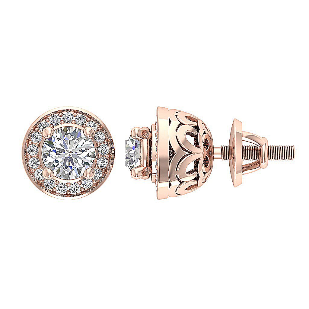 14k/18k Rose Gold Round Diamond I1 G 1.30Ct Removable Jacket Halo Solitaire Stud Earring Prong Set