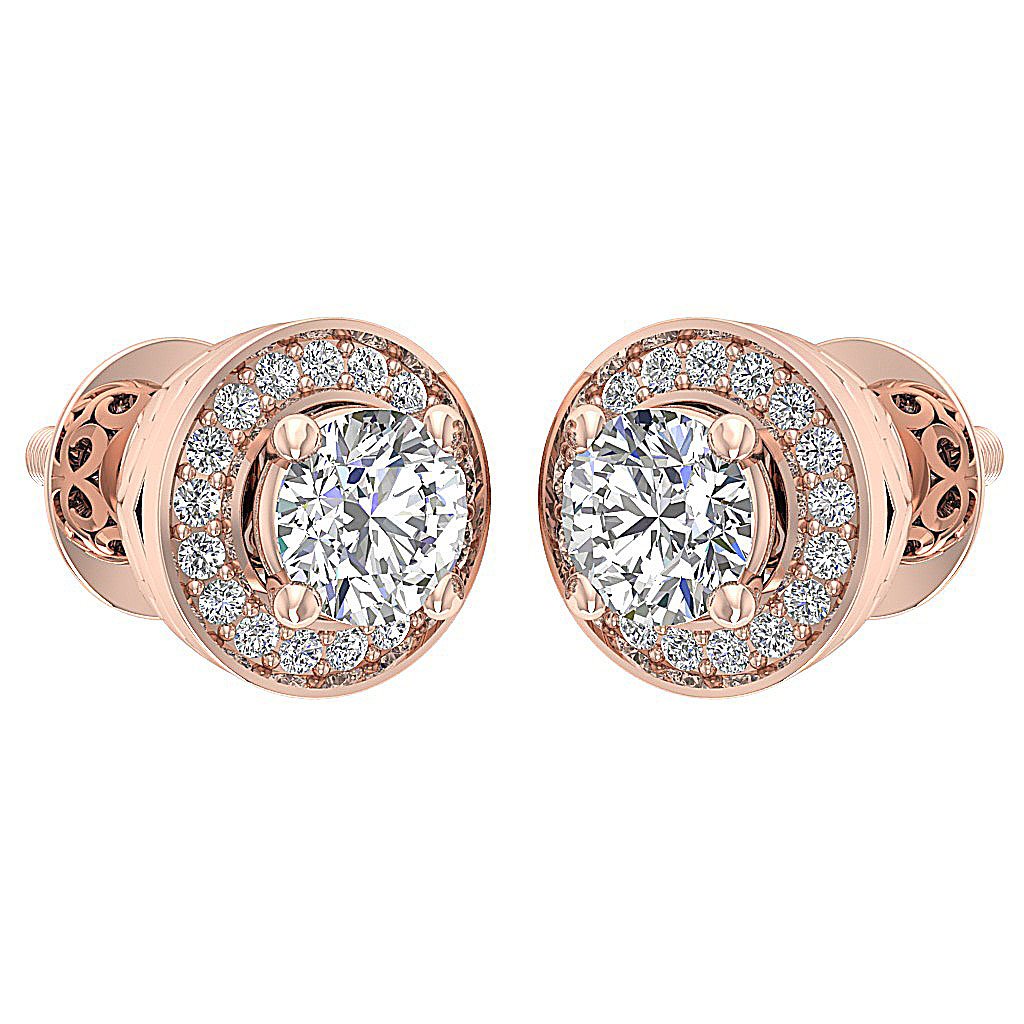 14k/18k Rose Gold Round Diamond I1 G 1.30Ct Removable Jacket Halo Solitaire Stud Earring Prong Set