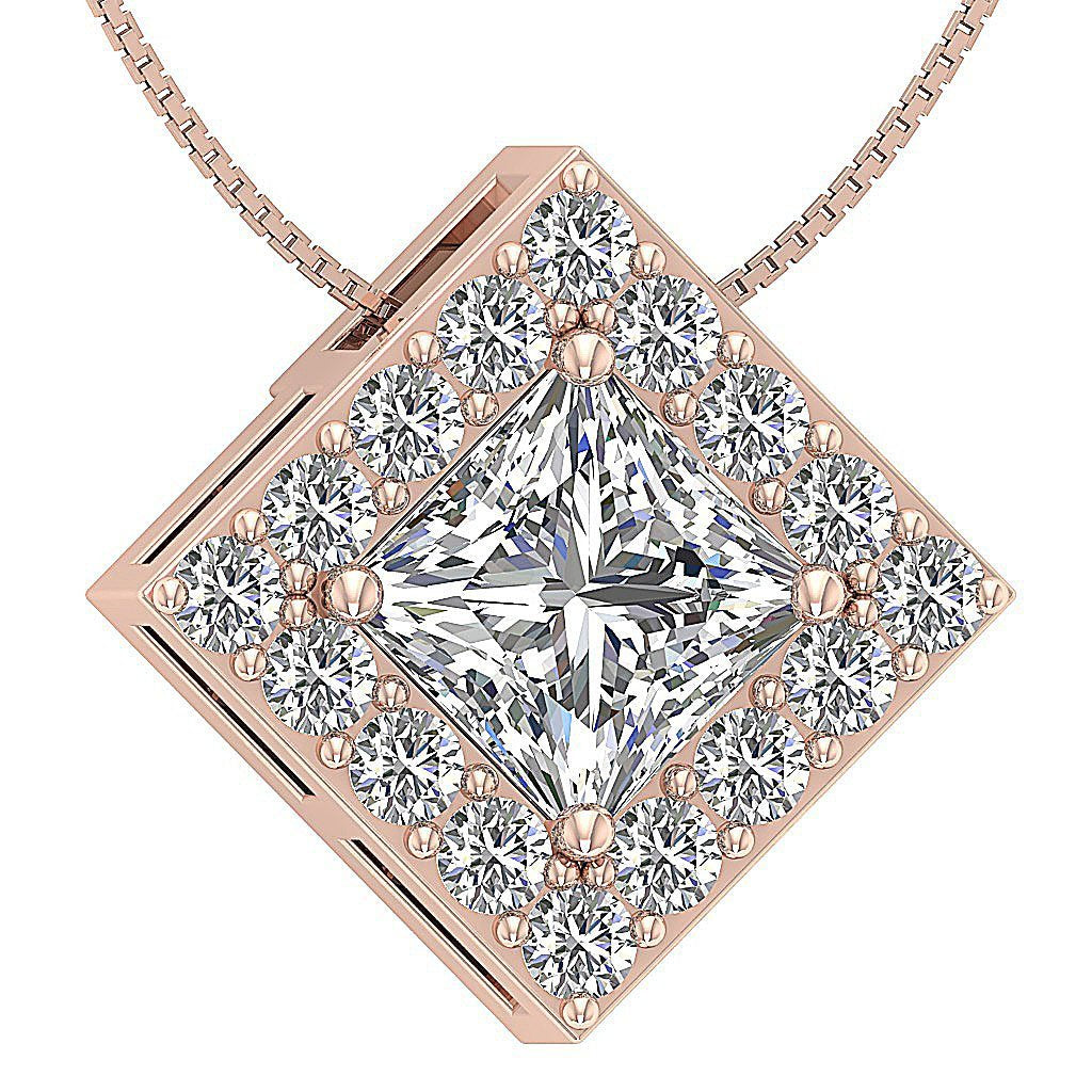 Square Halo Pendants 14k/18k Solid Gold SI1 G 0.75 Carat Princess Round Diamond