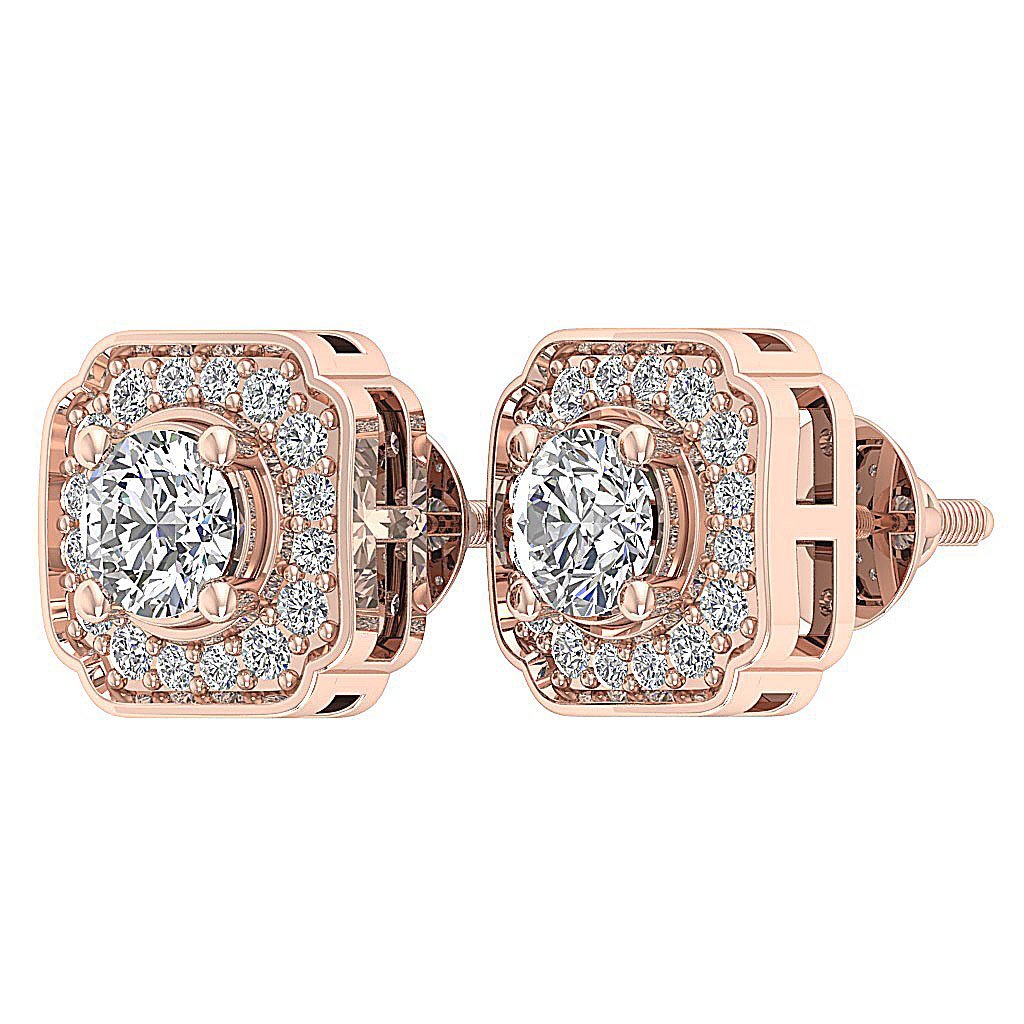 Designer Halo Solitaire Studs Earrings 14k/18k Solid Gold Round Cut Diamonds SI1 G 0.80 Ct