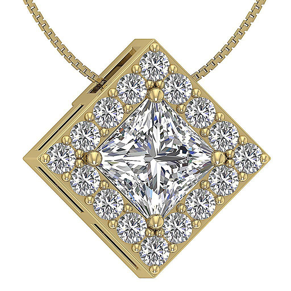 Square Halo Pendants 14k/18k Solid Gold SI1 G 0.75 Carat Princess Round Diamond