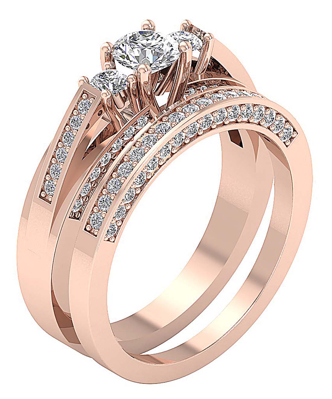 Three Stone Bridal Ring Set SI1 G 1.30 Ct Natural Diamond 14K Gold 7.00 MM