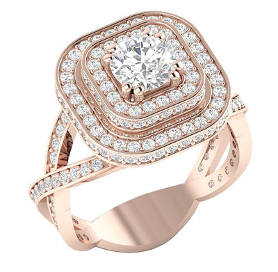 14k Rose Gold Double Square Halo Solitaire Wedding Ring Genuine Diamond I1 G 3.00 Ct Prong Set