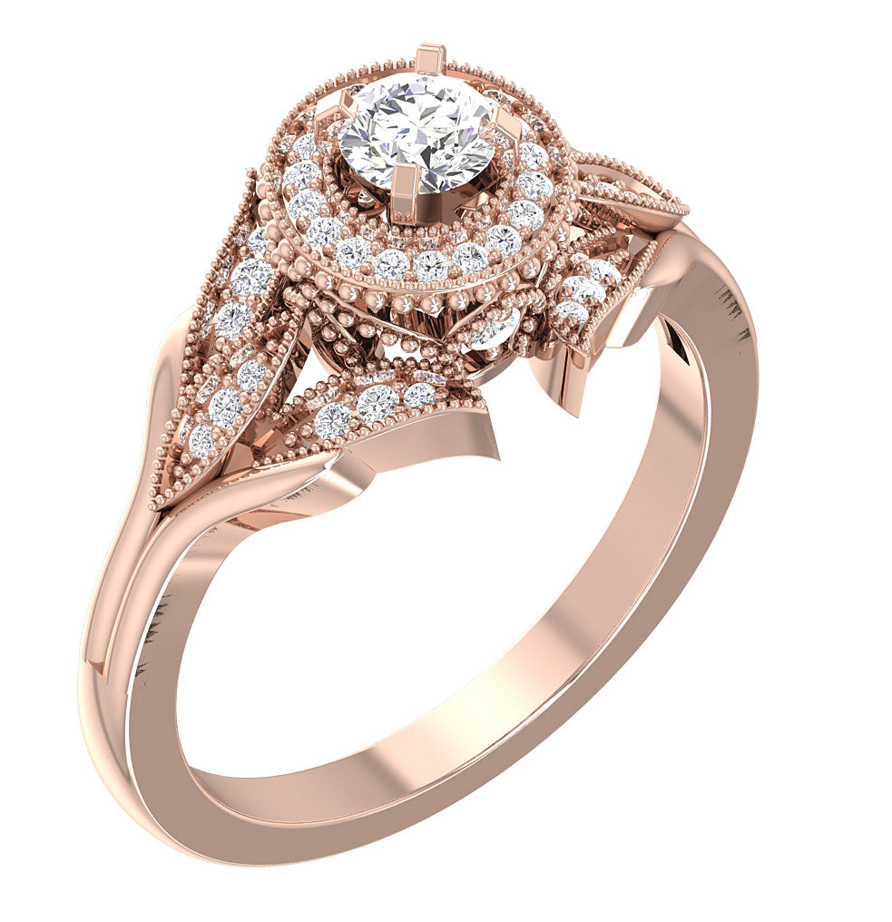 Round Cut Solitaire Halo Engagement Rings SI1 G 0.60 Carat 14K White Gold 10.90 MM