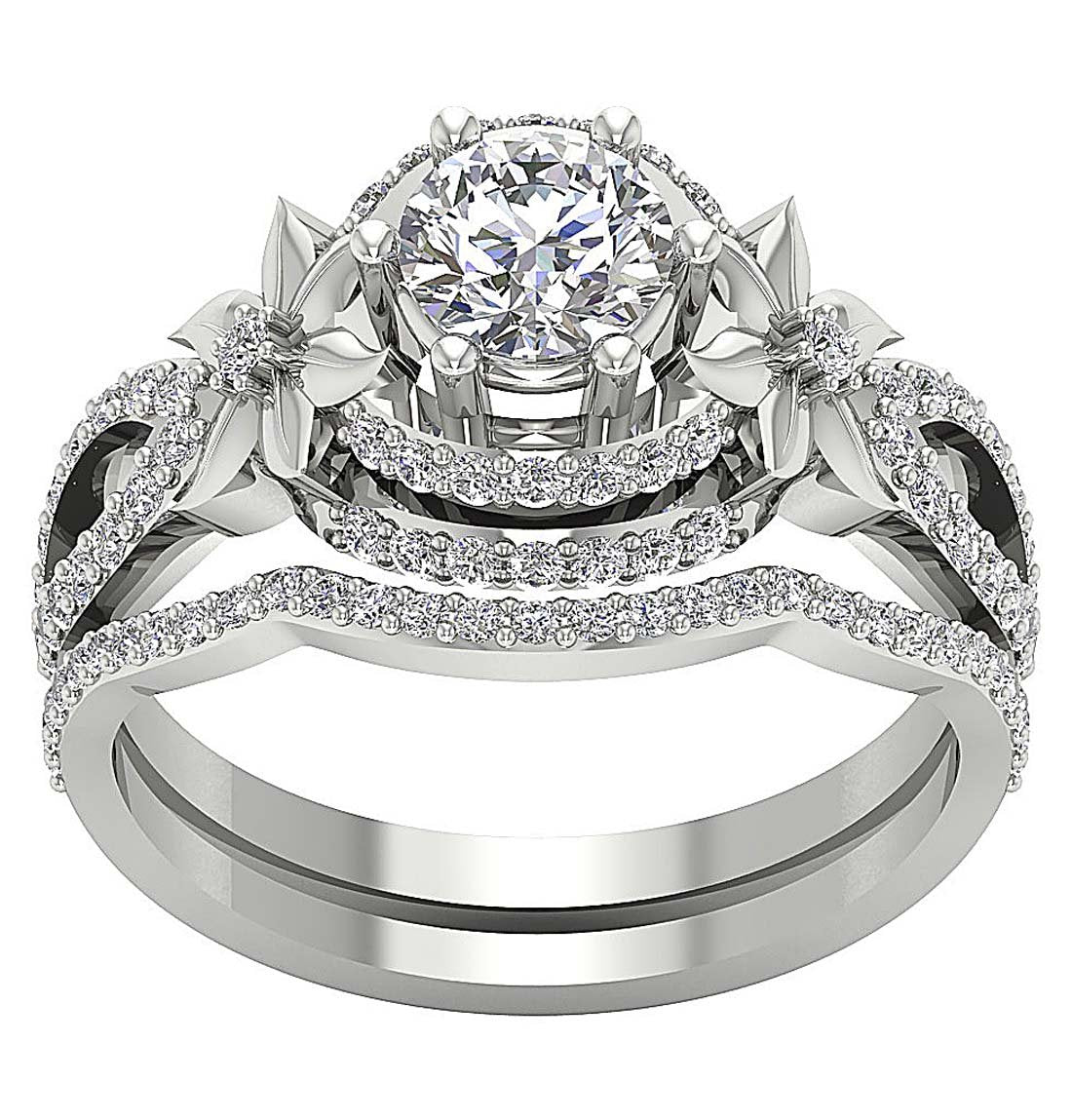 Floral Designer Wedding Rings Bridal Set 14K Gold I1 G 1.55 Carat Genuine Diamond 13.60 MM