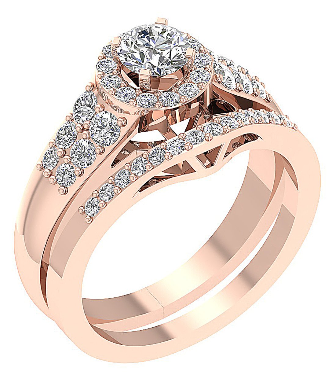 Gold Halo Wedding Band Sets For Womens I1 G 1.55 Ct Natural Diamond